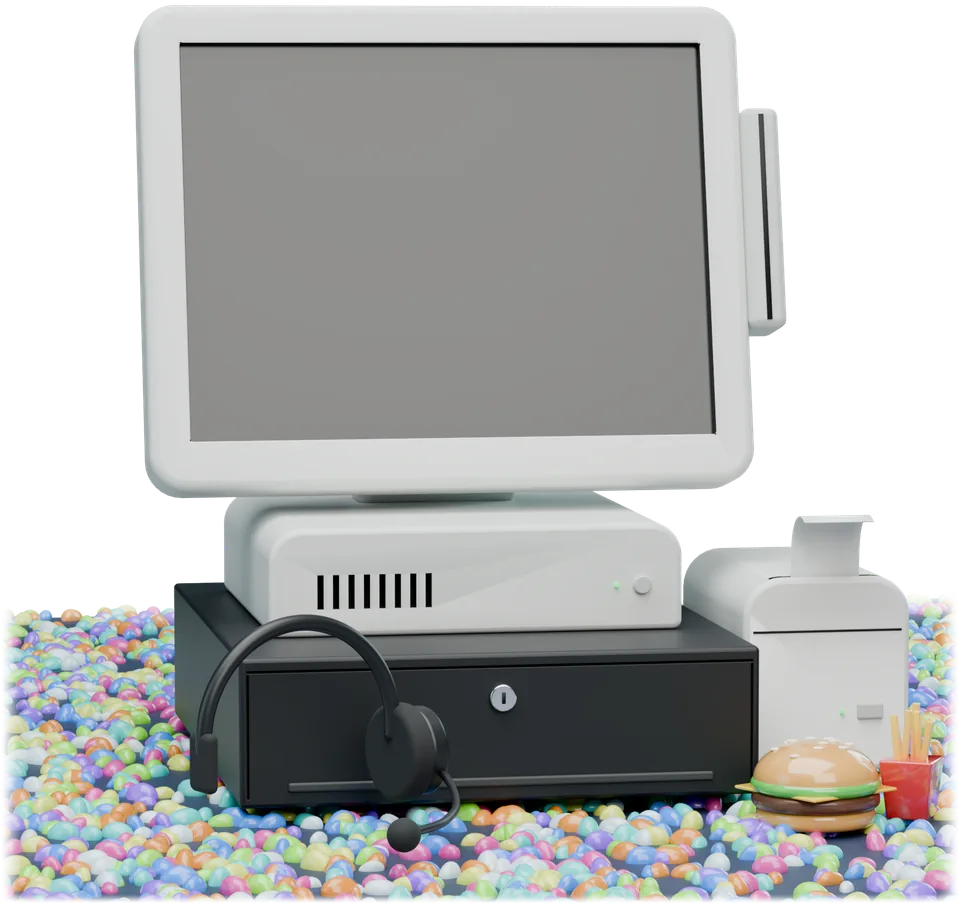 A white point-of-sale touchscreen on a cash drawer, with a receipt printer and a headset